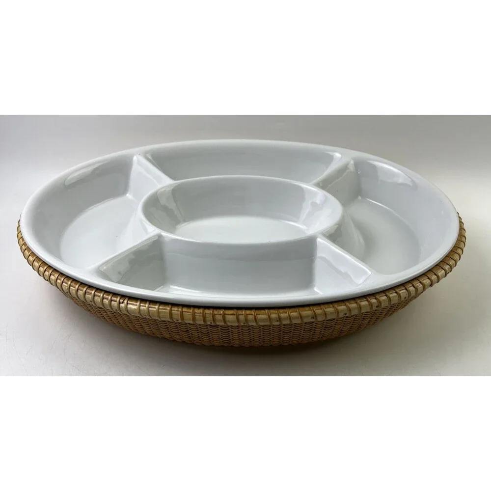 15 Inch Sectional Serving Tray/Plate White W/Wooden Holder